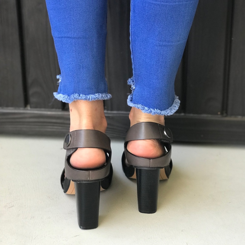 Gray Leather Cut Out Peep Toe Wooden Clog - Picture 5 of 7
